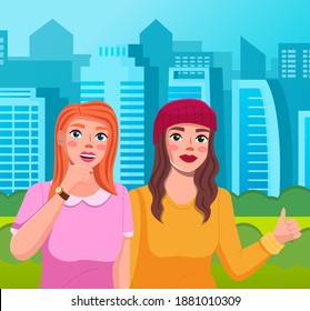 Two smiling girls stand together against the backdrop of the urban landscape with tall buildings. Cute girlfriends flat character portrait vector in city park. Female friends outdoor sunny day