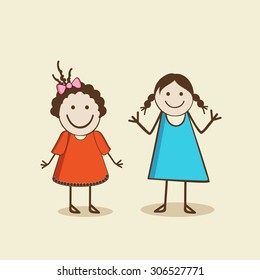 Two smiling girls wearing stylish clothes in the mood of playing and dancing. 