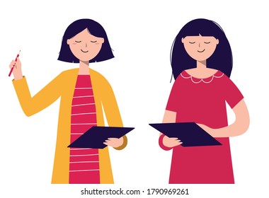 Two smiling girls are working with a tablet. Consultation, teaching, online support. Isolated vector illustration