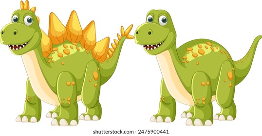 Two smiling green dinosaurs with orange spots