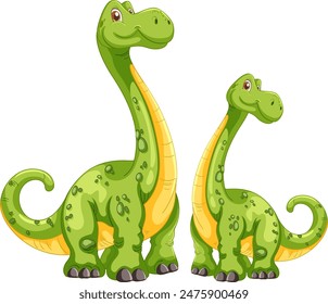 Two smiling green dinosaurs standing together