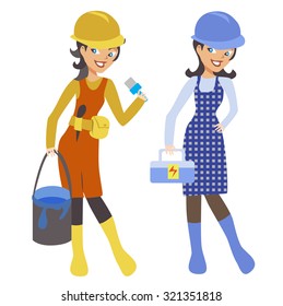 Two smiling hardworking women, painter and electrician. They wear helmets.