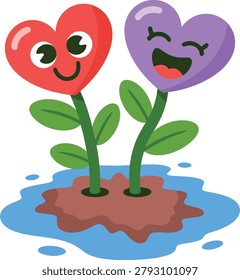 Two smiling heart flowers growing together in soil and water