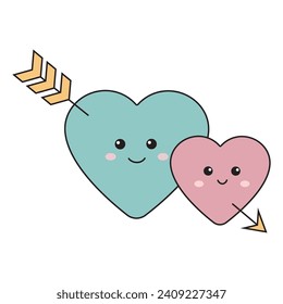 Two smiling hearts with arrow. Cute love couple pair icon, valentine day love symbol.