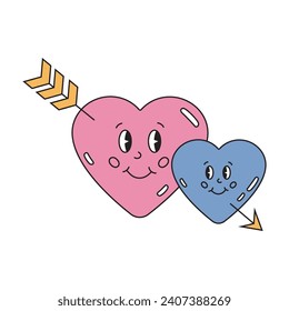 Two smiling hearts with arrow in retro hippie style. Groovy love couple pair icon, valentine day love symbol.