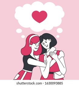Two smiling and hugging girls and speech bubble with heart banner design template. Friendship, good mood, positive emotions vector cartoon illustration. Female friends characters on pink background