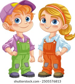 Two smiling kids in colorful overalls