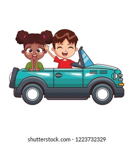 two smiling kids driving car