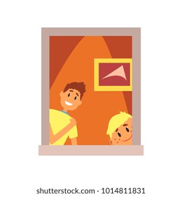 Two smiling kids looking out of window. Boys having fun. Cartoon children characters. Exterior detail element. View from the street. Colorful flat vector design