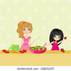 Two smiling kids mixing salad