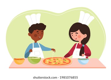 Dos niños pequeños sonrientes cocinan pizza juntos en una cocina. Los niños pequeños están usando toques de chefs añadiendo los ingredientes a la masa antes de ponerlos en el horno. Ilustración vectorial de dibujos animados planos