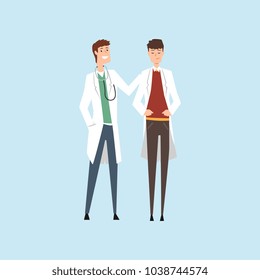 Two smiling male doctors characters, hospital workers standing together vector Illustration on a light blue background