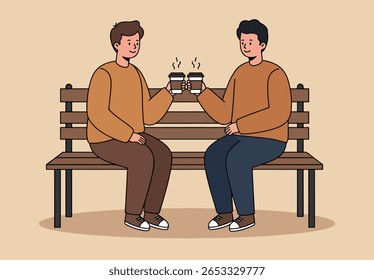 Two smiling men in casual autumn-colored sweaters sit on a park bench, toasting with steaming cups of coffee. This illustration depicts friendship, relaxation, and enjoying a warm beverage together.