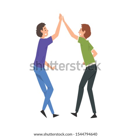 Two Smiling Men Giving High Five to Each Other, Meeting of Two People, Greeting of Freinds or Partners Vector Illustration
