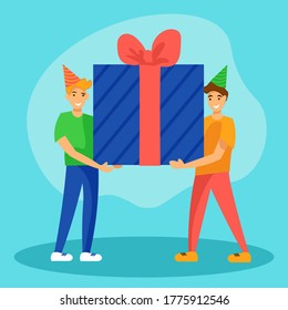 Two smiling men is holding a huge gift box with a large bow. Cheerful guys in a festive hat giving present for Birthday party or anniversary. Vector illustration in flat cartoon style. 