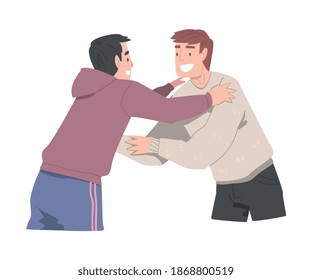 Two Smiling Men Hugging, Joy Meeting of Friends, Male Friendship Concept Cartoon Style Vector Illustration