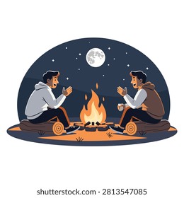 Two smiling men sitting on logs by a campfire at night under a full moon, sharing stories and enjoying the warm glow with a peaceful starry sky above