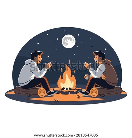 Two smiling men sitting on logs by a campfire at night under a full moon, sharing stories and enjoying the warm glow with a peaceful starry sky above