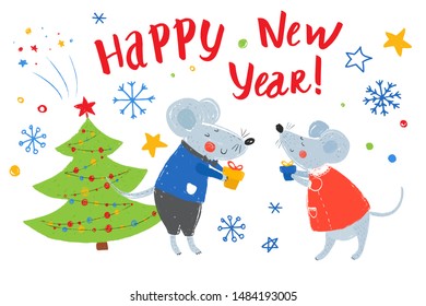 Two  smiling mice give presents. Hand drawn vector cute mouse. The rat is Chinese symbol 2020 year. Greeting Christmas card. Funny animals celebrate new year.