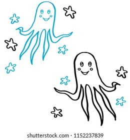 Two smiling octopuses in blue and black colors with sea stars. Beautiful cute marine animals for patterns, textile, kids, interior, scrapbooking, covers, wraps gifts, design. Ocean cartoon characters