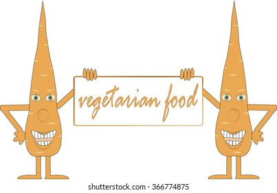 Two smiling orange carrots holding board, inscription Vegetarian food, arms, legs, green eyes, white background. Wrapping paper, packaging design, product packaging, product label, for children, vector
