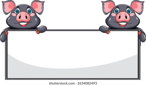 Two smiling pigs with a blank sign