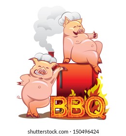 Two smiling pigs in chefs hats standing near the red smoker with burning letters BBQ