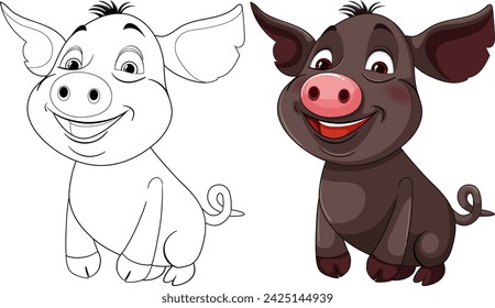 Two smiling pigs, one colored and one outlined.