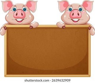Two smiling pigs with a wooden sign