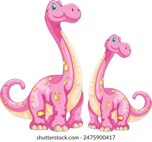 Two smiling pink dinosaurs standing together