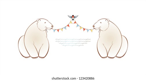Two smiling polar bears and bullfinch with festive garland. Vector illustration.