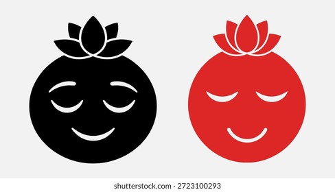 Dos caras sonrientes de granada con los ojos cerrados, una negra y otra roja, sobre un fondo gris claro.