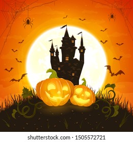 Two smiling pumpkins with dark castle on orange background with moon. Holiday card with Jack O Lanterns, bats and spiders. Illustration can be used for holiday cards, invitations, banners.