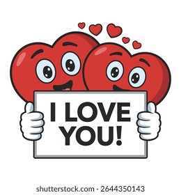 Two smiling red cartoon hearts hold a white sign reading I LOVE YOU Small red hearts float above them. The style is simple and cheerful.