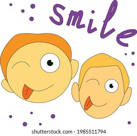 two smiling red-haired faces with a squinted eye and a bulging eye and a protruding tongue with a purple "smile" sign above them