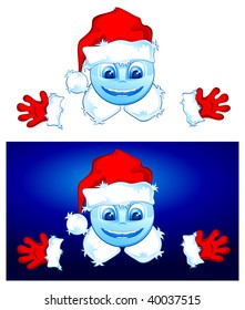 Two smiling Santas on white and blue background, vector illustration