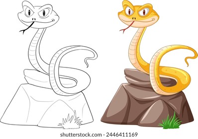 Two smiling snakes illustrated on stone surfaces.