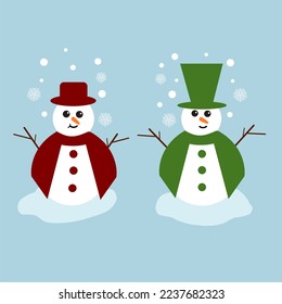 Two smiling snowman in cape and top hat, cute snowman vector illustration, cute snowman character collection, for winter sticker collection, for winter element collection etc