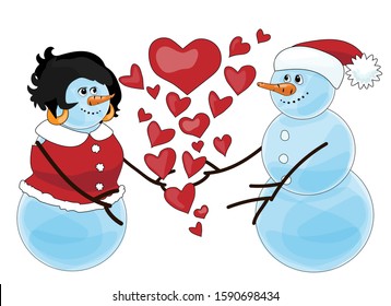 Two smiling snowmen in bright red Christmas clothes are going to hug or to kiss.  A lot of hearts express that they are fallen in love. Isolated on white vector illustration. Cartoon characters.