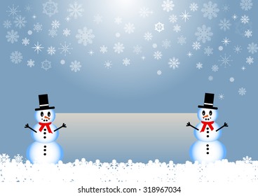 Two smiling snowmen are standing in white snow flakes, holding an empty chalkboard ready for your text. The background is in trendy blue gradient with transparent snowflakes. 