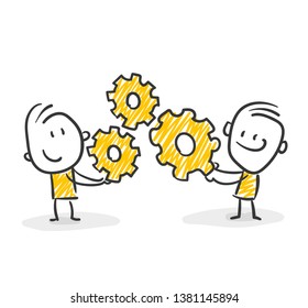 Two Smiling Stick Figures Holding Gears In Their Hands Teamwork Vector