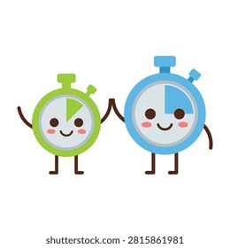 Two smiling stopwatch and timer cartoon characters holding hands on white background, symbolizing teamwork and friendship in a fun and playful way