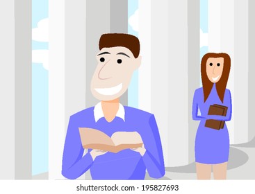 Two smiling students holding books with columns at the background
