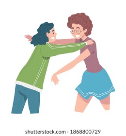 Two Smiling Teenage Girls Hugging, Joy Meeting of Friends, Female Friendship Concept Cartoon Style Vector Illustration