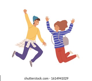 Two smiling teenage people jumping raising hands vector flat illustration. Cartoon young male and female having positive emotion isolated on white background. Rejoicing couple character