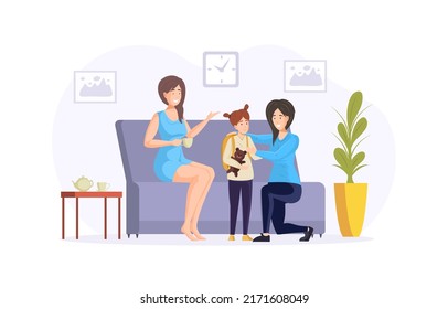 Two smiling women and little girl communicating in living room. Happy mom hugging her daughter who standing with backpack and teddy bear toy. Woman with teacup sitting on sofa, friendly conversation