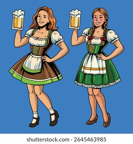 Duas mulheres sorridentes em vestidos de gargalhada tradicionais segurando canecas de cerveja, representando a cultura Oktoberfest com hospitalidade alegre e charme festivo