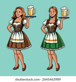 Duas mulheres sorridentes em vestidos de gargalhada tradicionais segurando canecas de cerveja, representando a cultura Oktoberfest com hospitalidade alegre e charme festivo