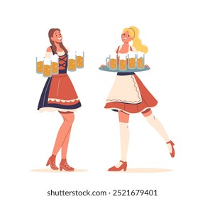 Two Smiling Women In Traditional German Costumes Holding Trays Of Beer dressed in Oktoberfest-Themed Attire