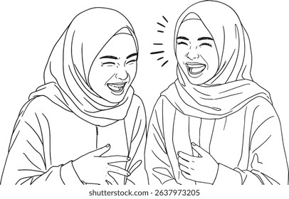 
Two smiling women wearing hijabs are shown in a line drawing, appearing to be laughing heartily together SHOTLIST friendships